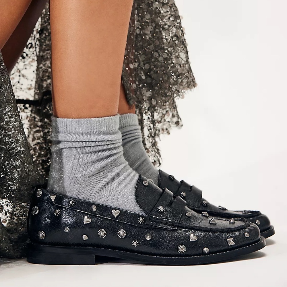 Free People Suki Black Studded Leather Penny Loafers size 7